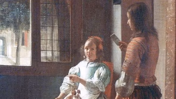 Họa sĩ Pieter vẽ bức tranh "Man Hands a Letter to a Woman in a Hall" vào thế kỷ 17. Khi xem tranh, một số người nhận thấy người đàn ông trong tranh dường như đang cầm trên tay một món đồ giống điện thoại thông minh mà chúng ta sử dụng ngày nay.