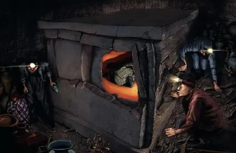 Sự xuất hiện của một thi thể đứng sau cánh cửa được giải thích bằng việc một nhóm trộm mộ đã vào ngôi mộ để lấy cắp di vật. Tuy nhiên, sau khi họ chia lợi ích, một trong số họ đã bị kẹt lại trong mộ và không thể thoát ra.