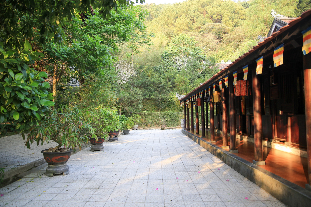 Không gian Ngoại viện có diện tích 10.000m2, gồm có Chánh điện, Am mây tía, Nghinh lương đình, nhà khách, chúng hòa đường, tăng xá, Cốc liêu chư tăng, Cốc liêu chư Ni, các công trình phụ…