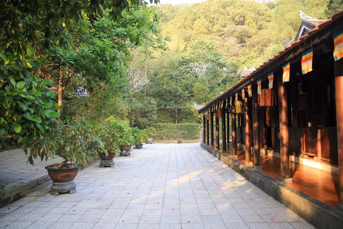 Không gian Ngoại viện có diện tích 10.000m2, gồm có Chánh điện, Am mây tía, Nghinh lương đình, nhà khách, chúng hòa đường, tăng xá, Cốc liêu chư tăng, Cốc liêu chư Ni, các công trình phụ…