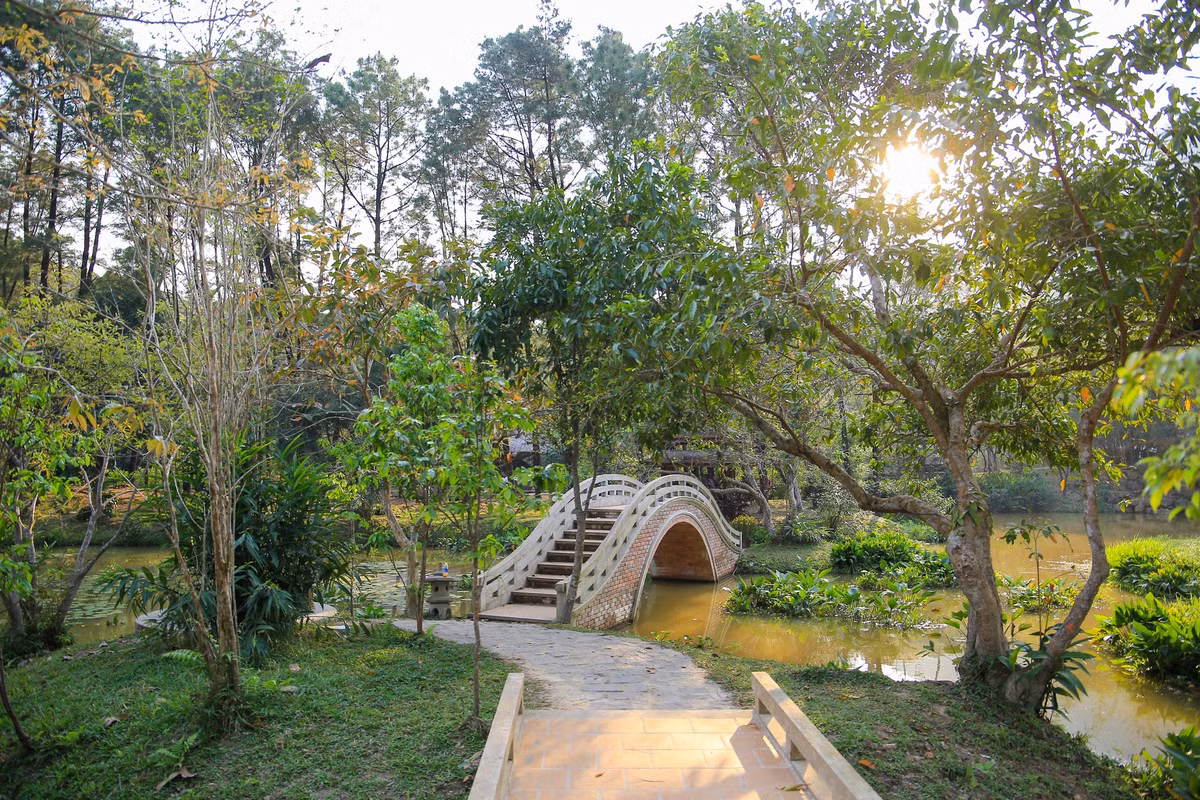 Khu vườn xanh mát và tràn ngập màu sắc với những cây xanh và các loài hoa như: hoa sứ, phong lan, vạn tuế, trúc, mai,... và đan xen vào đó là nhiều bức tượng Phật.