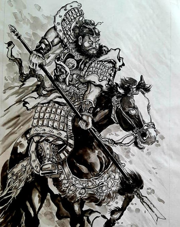 6. Trong tiểu thuyết "Tam quốc diễn nghĩa", Trương Phi được mô tả đã cùng Lưu Bị và Quan Vũ kết bái huynh đệ ở vườn đào. Với võ nghệ cao cường, ông đã dốc sức phò tá Lưu Bị lập nên nhà Thục. Võ tướng này được mô tả "cao tám thước, đầu báo, mắt trợn tròn, râu hùm vểnh ngược, hàm én".