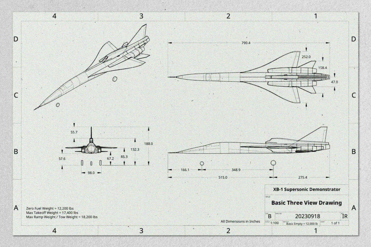 XB-1 trang bị ba động cơ General Electric J85 và có thân máy dài 21,6m, làm từ vật liệu composite sợi carbon và titan.