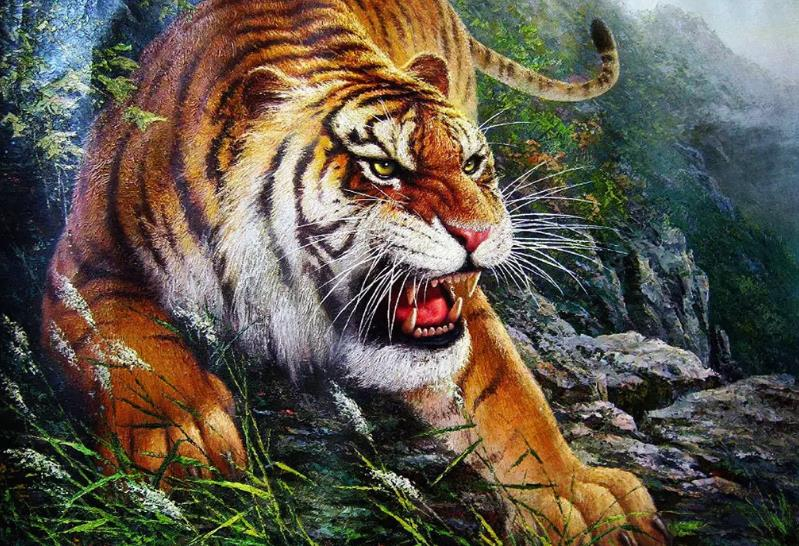 Trong tranh, hình ảnh của con hổ được nhấn mạnh, nhưng không tuân theo quy luật tự nhiên.