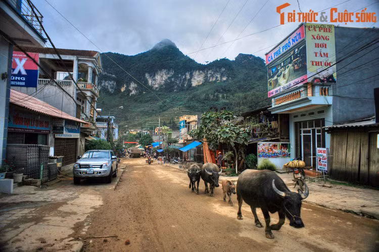 Theo cách giải thích thứ hai, tên gọi Si Ma Cai bắt nguồn từ cái tên "Xí Mã Cái", nghĩa là "Chợ Phân Ngựa", bởi chợ ngựa ở đây có quy mô rất lớn, phân ngựa thải ra rất nhiều. Ảnh: Trục đường chính của thị trấn Si Ma Cai.