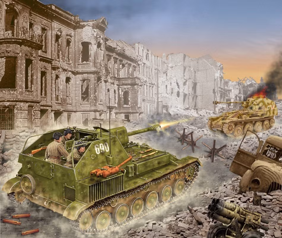 Pháo tự hành chống tăng Su-76 của Hồng quân Liên Xô chiến đấu với pháo phát xít. Nguồn ảnh: Sina.