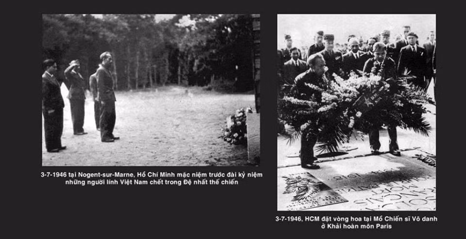 Tháng 7 năm 1946, chưa đầy 1 năm sau khi thành lập Nhà Nước Việt Nam Dân Chủ Cộng Hòa, Chủ tịch Hồ Chí Minh đã đến viếng thăm nghĩa trang của những người Việt trong thế chiến thứ nhất và tượng đài tưởng niệm các Chiến sỹ Vô danh ở Pháp. Nguồn ảnh: Fbhaison.