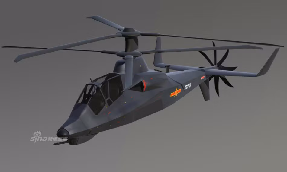 Theo bản phác thảo, mẫu trực thăng Trung Quốc có một không hai này sẽ có hệ thống động lực cực kỳ độc đáo, là sự kết hợp giữa cơ cấu cánh đồng trục với cánh quạt đẩy sau đuôi. Nguồn ảnh: Sina.