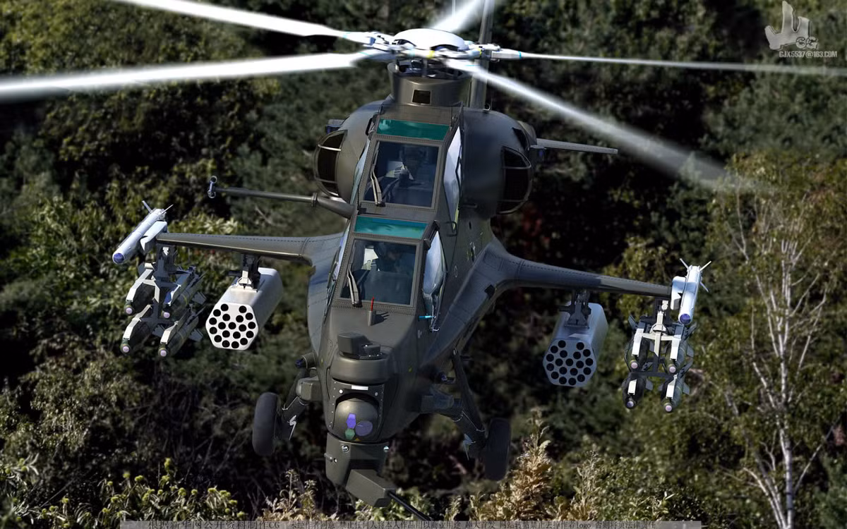 Bề ngang của chiếc WZ-10 rất hẹp nhằm giảm thiểu tối đa nguy cơ bị bắn trúng từ hướng chính diện và từ phía dưới. Ngôn ngữ thiết kế này khá giống với AH-64 của Mỹ. Nguồn ảnh: Aviation.