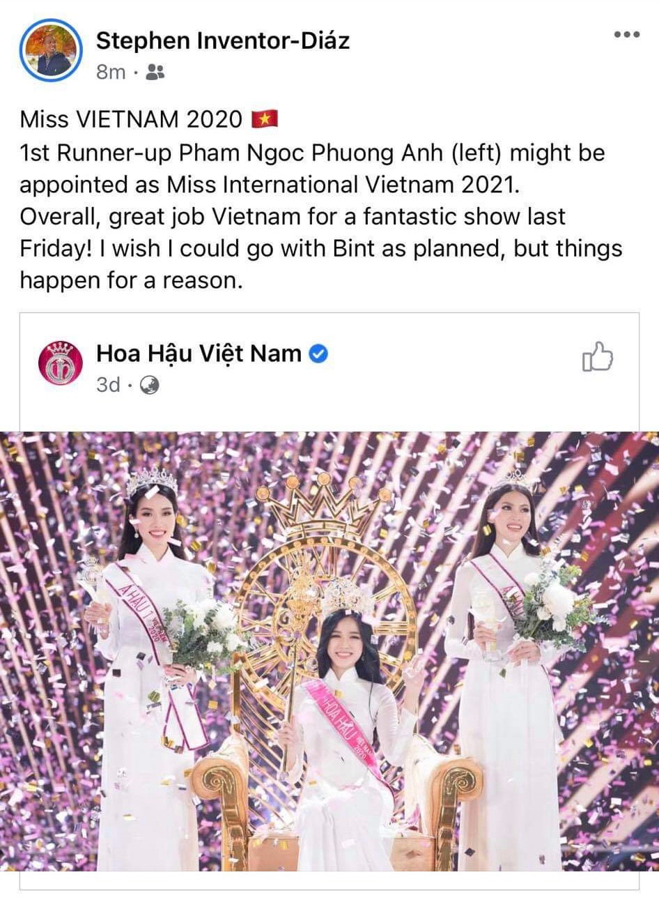 Trên trang cá nhân, Stephen – Giám đốc truyền thông cuộc thi Miss International cũng dành nhiều lời khen ngợi và hy vọng Phương Anh đến với cuộc thi Miss International.