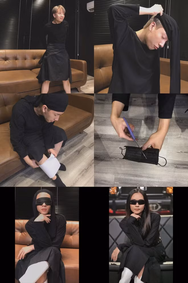 Thành viên Nicky (Monstar) gây cười khi mượn đầm của mẹ kết hợp chiếc khẩu trang thay cho mắt kính để cosplay phong cách đàn chị Suboi trên ghế nóng Rap Việt.