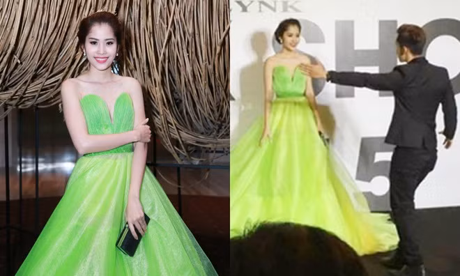 Năm 2015, Nam Em bị mời ra khỏi thảm đỏ một chương trình vì tạo dáng quá lâu. Tình huống khiến người đẹp 24 tuổi muối mặt, cô vội vã cúi đầu chào phóng viên và đi vào sân khấu. Ban tổ chức cho biết: "Người của ê-kíp mời nghệ sĩ di chuyển nhanh để tránh ùn tắc và đảm bảo thời gian cũng là câu chuyện mà ở bất cứ thảm đỏ nào cũng có". Ảnh: Chụp màn hình.