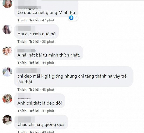 Ngoài ra, cư dân mạng cũng phát hiện cô dâu có nhiều nét giống với vợ Lý Hải: "Cô dâu là cháu gái chị Hà hay sao mà giống vậy", "Cô dâu có nét giống chị Minh Hà", "Giống chị Minh Hà quá", "Giống chị Hà 70%"...