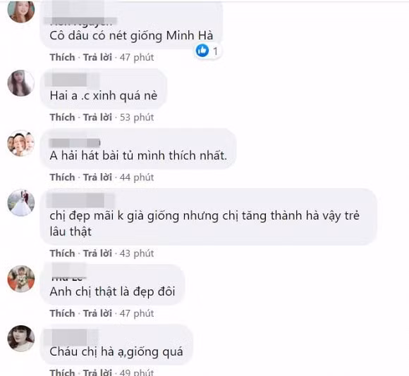 Ngoài ra, cư dân mạng cũng phát hiện cô dâu có nhiều nét giống với vợ Lý Hải: "Cô dâu là cháu gái chị Hà hay sao mà giống vậy", "Cô dâu có nét giống chị Minh Hà", "Giống chị Minh Hà quá", "Giống chị Hà 70%"...