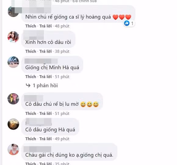 Một số người khen ngợi nhan sắc của vợ Lý Hải. Bên cạnh đó, nhiều người thấy cô dâu có nhiều nét giống Minh Hà.