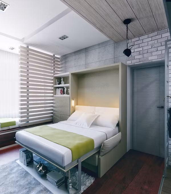 Và cool nhất chính là chiếc giường Murphy giấu khéo léo trong kệ, đủ chỗ cho 2 người. Bên cạnh là một chiếc giường khác được ngăn cách bằng một vách ngăn.