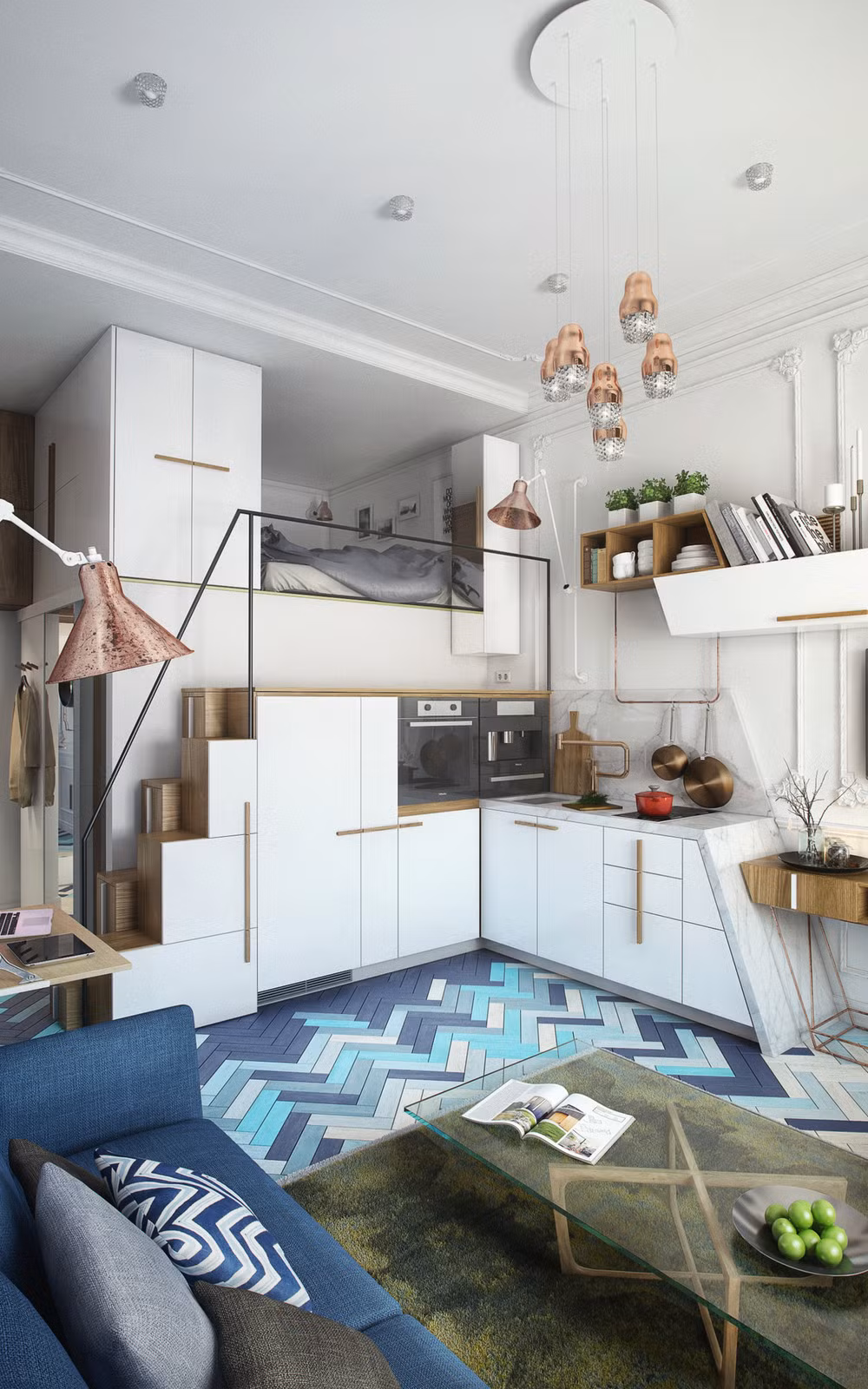 5. Căn hộ nhỏ 24m² tưởng chật mà "chất lừ" Căn hộ nhỏ này được cải tạo trong một tòa nhà đầy lịch sử, được xây dựng vào những năm 1912 tại trung tâm thành phố St. Peterburg. Với diện tích vô cùng khiêm tốn 24m², chủ nhân căn hộ đã tạo một căn gác lửng dành cho phòng ngủ, đồng thời tận dụng môt cách khéo léo khu vực cầu thang phục vụ nhu cầu nhà bếp.