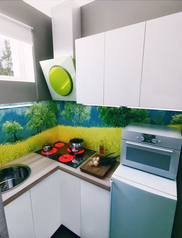 Bếp nấu siêu nhỏ nhưng đủ tiện nghi cho nhu cầu nấu nướng, không những vậy nó còn rất vui mắt và tươi mát.