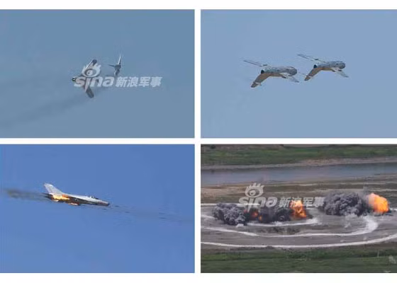 Đội hình biên đội MiG-15 nhào lộn, ở dưới là ảnh tiêm kích MiG-21 phóng rocket oanh tạc vùng mục tiêu rất lớn. Nguồn ảnh: Sina