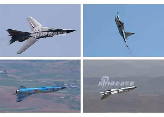 Từ trái quả phải, trên xuống dưới: Tiêm kích MiG-23; cường kích Su-25 rồi lại tới MiG-23 và MiG-21. Nguồn ảnh: Sina