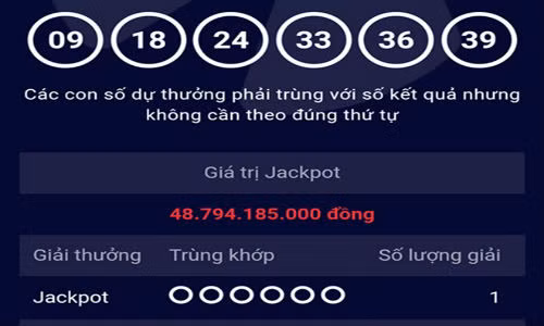 Kết quả mở thưởng kỳ 72 xác định 1 người trúng giải Jackpot với dãy số may mắn 09-18-24-33-36-39.