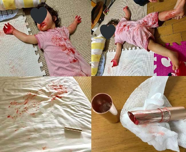 Nhìn thấy cảnh tượng bê bết từ áo quần, thảm, giường, lại thêm tư thế nằm ngủ với cái miệng "đỏ lòm", dám cá rằng ai nhìn thấy cảnh này cũng phải đứng tim mà thét lên. Tuy nhiên, thủ phạm chỉ là cây son của mẹ.