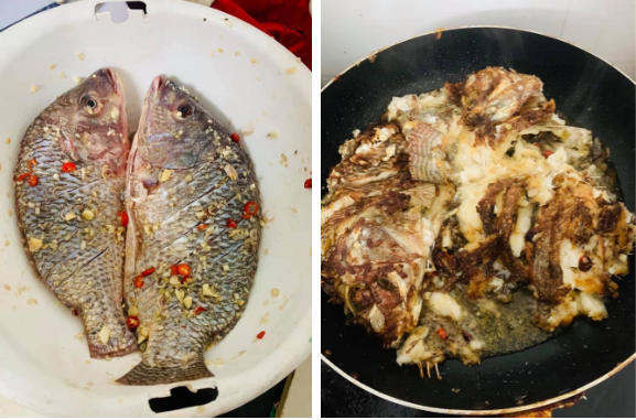 Món cá rán vỡ vụn của một cô gái từng khiến netizen hoang mang. Sở dĩ món cá rán trở thành mớ hổ lốn vì cô nàng đã tẩm ướp quá nhiều gia vị trước khi chiên.