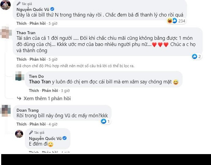 Phía dưới bài đăng, ông xã Đoàn Di Băng không quên chia sẻ hóa đơn thanh toán lần thứ "n" trong tháng này của bà xã.