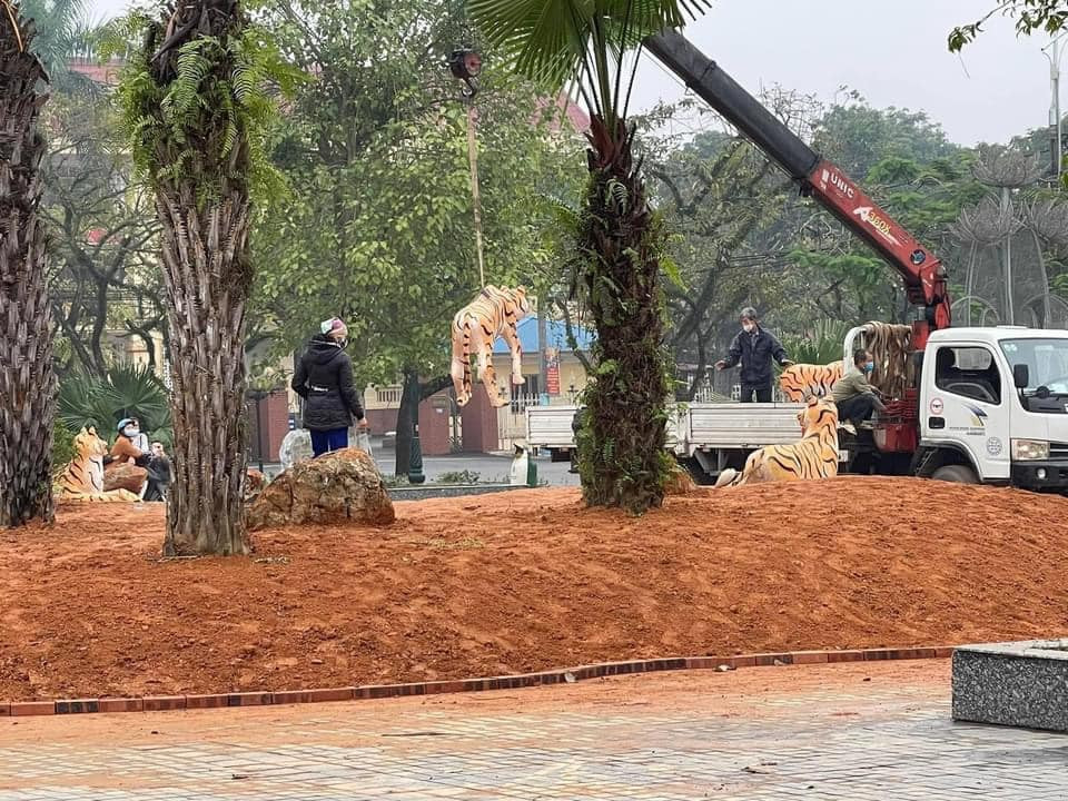 Sau khi gây xôn xao MXH, những linh vật hổ này đã được di chuyển, trong những bức ảnh được chia sẻ lên mạng cho biết, những bức tượng hổ đã được xe ô tô và cần cẩu để chở đi chỗ khác.