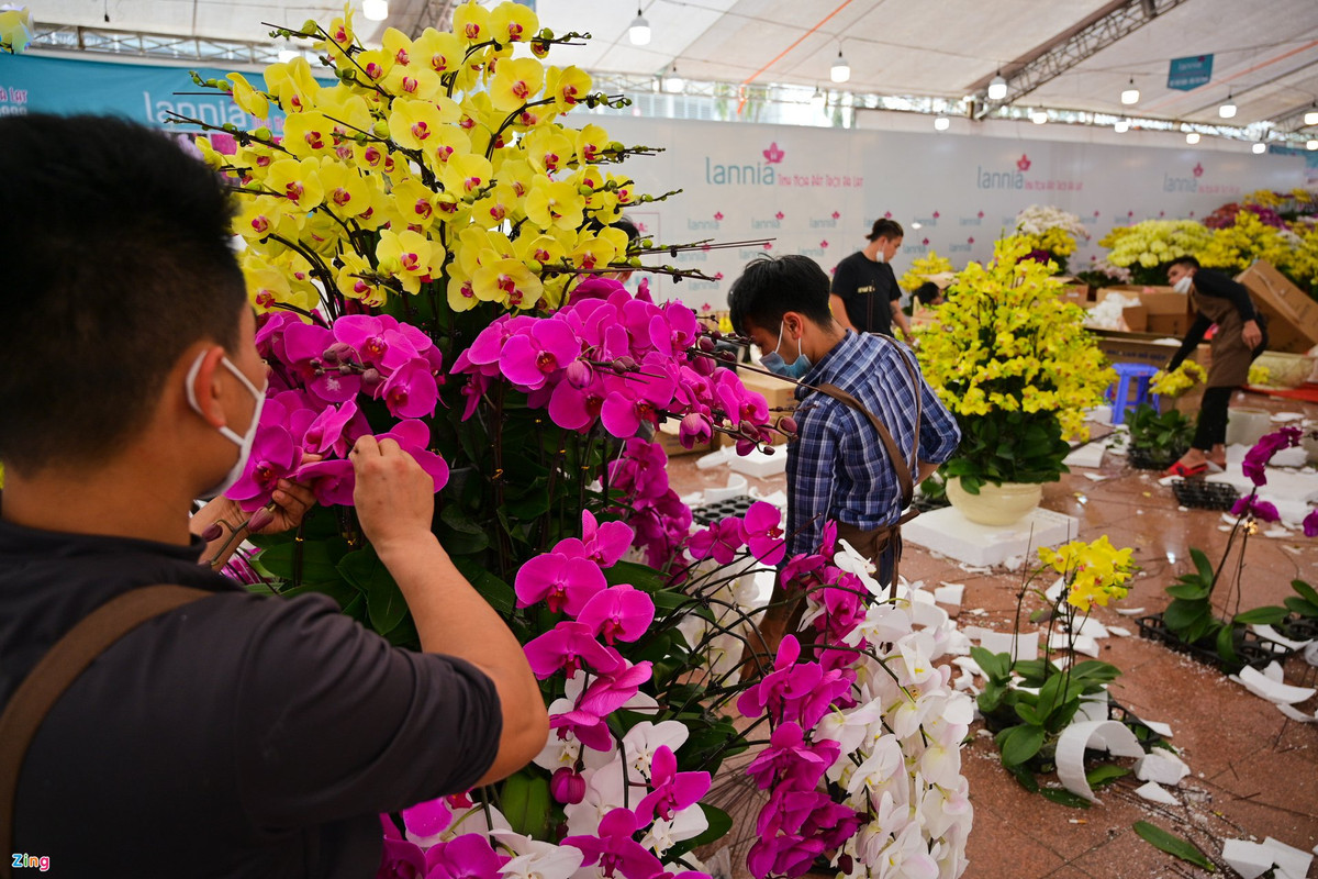 Những ngày này, các công nhân cắm hoa rất tất bật. Tại đây cũng có dịch vụ cắm theo yêu cầu của khách hàng. Một số người còn mang chậu đến và tự lựa chọn màu hoa, thế, số cành.