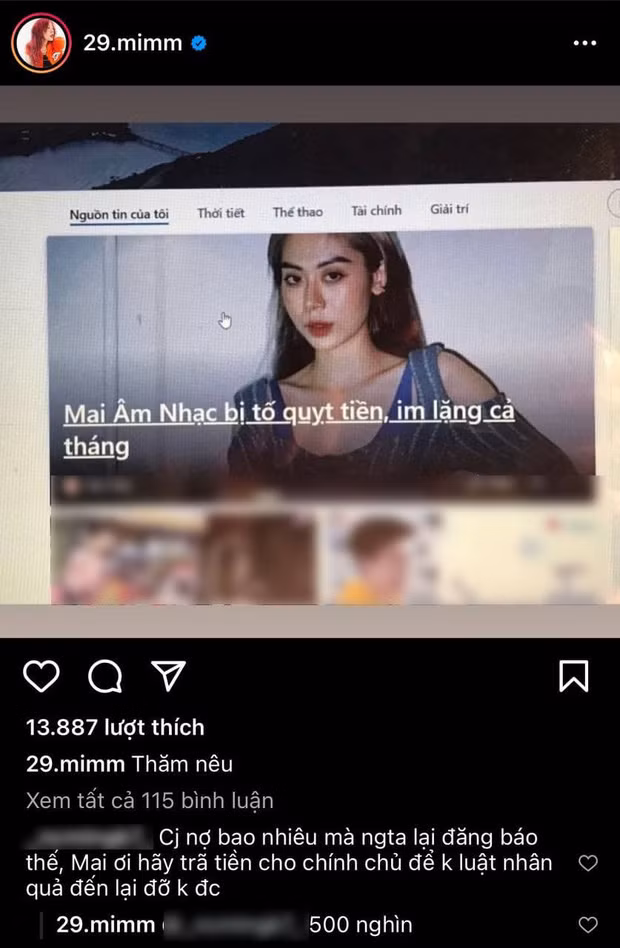 Mới đây, Mai Âm Nhạc bất ngờ chia sẻ lên trang cá nhân về thông tin từng bị tố quỵt tiền, rồi im lặng cả tháng. Được biết vụ việc này đã xảy ra cách đây khá lâu.