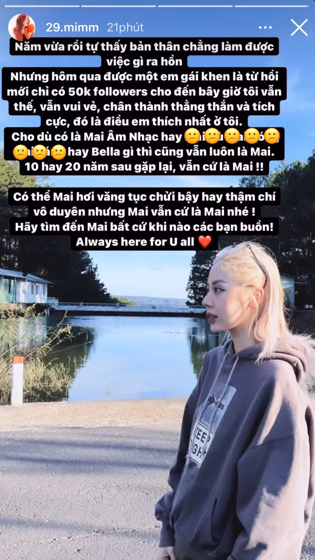 Kể từ sau nhiều lần vướng lùm xùm, Mai Âm Nhạc cũng đã có những chia sẻ "tâm trạng" trên story Instagram của mình. Mai tự hào khi có những tính cách tốt như "vui vẻ, chân thành, thẳng thắn" bên cạnh những khuyết điểm "hay văng tục, chửi bậy, vô duyên".