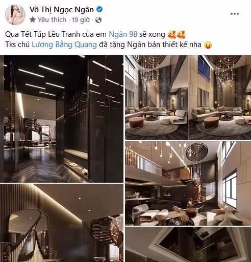 Cô cũng tiết lộ bản thiết kế căn hộ do bạn trai Lương Bằng Quang tặng: "Qua Tết túp lều tranh của em Ngân 98 sẽ xong. Thanks chú Lương Bằng Quang đã tặng Ngân bản thiết kế nha".