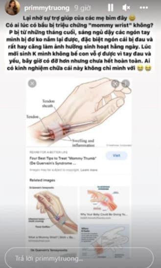 Mới đây, Primmy Trương bất ngờ tiết lộ mắc chứng bệnh từ khi mang bầu đến hiện tại. Vì thế mà cô không thể bế con, hay vỗ ợ hơi cho bé lúc mới sinh.