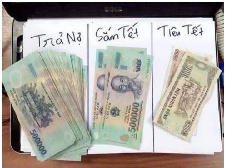 Hình ảnh hài hước khi cầm tiền thưởng trong tay, loay hoay đến mùng Một thì "còn cái nịt".