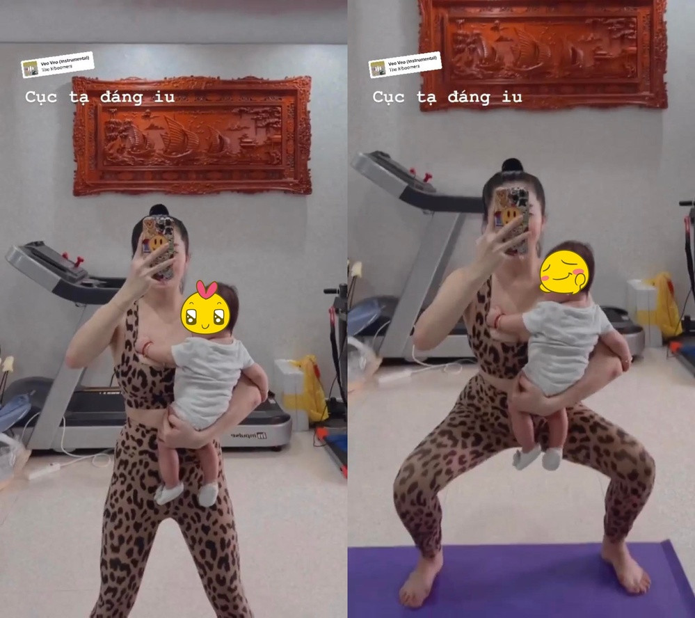 Có thể thấy bà mẹ bỉm sữa đang rất chăm chỉ chạy bộ trên chiếc máy tập, mồ hôi đầm đìa. Mặc dù chưa hài lòng với hình thể hiện tại nhưng rõ ràng trông cô đã thon gọn và khá săn chắc.