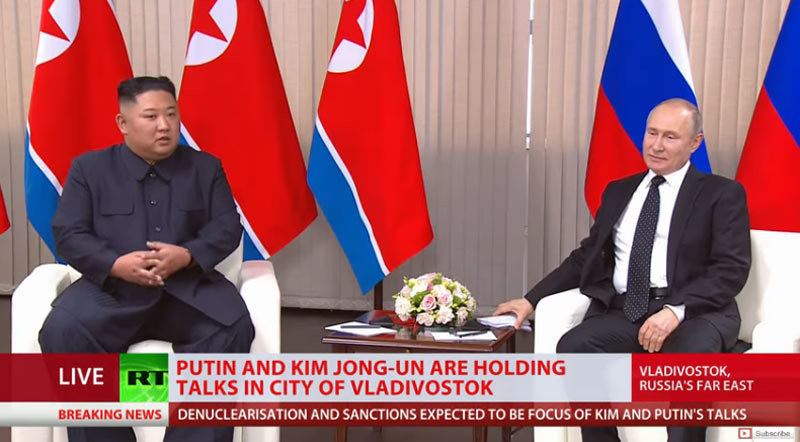 Tổng thống Nga Putin tin tưởng rằng, chuyến thăm của nhà lãnh đạo Triều Tiên sẽ giúp giải quyết tình hình trên bán đảo Triều Tiên. Ông chủ Điện Kremlin hoan nghênh những nỗ lực (của Bình Nhưỡng) trong việc bình thường hóa quan hệ với Hàn Quốc và Mỹ. Ảnh: RT.