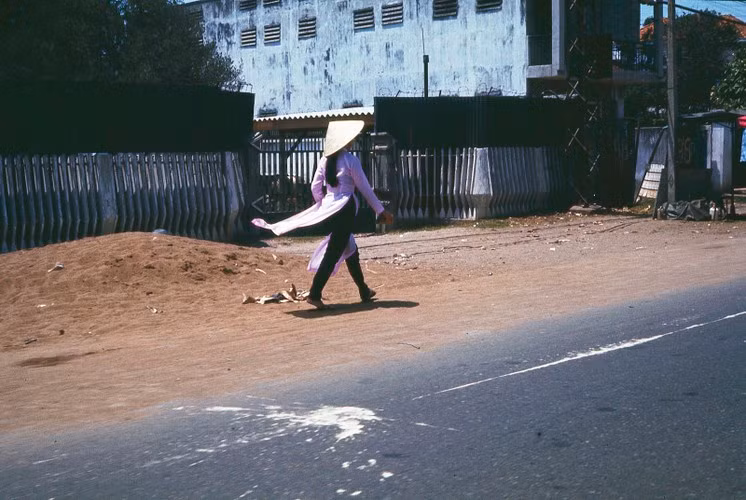 Cô gái mặc áo dài tím bước trên phố. Ảnh: Terry Nelson / Flickr.