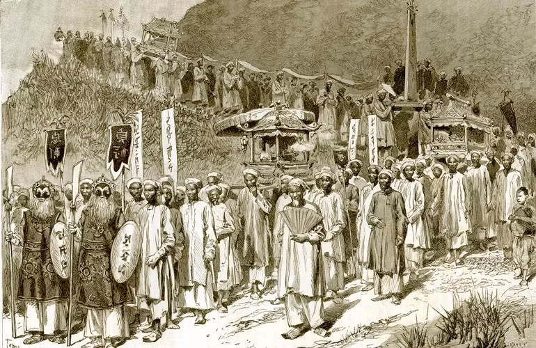 Khung cảnh tại một đám tang của người quyền quý ở Việt Nam xưa. Ảnh: Belle Indochine.