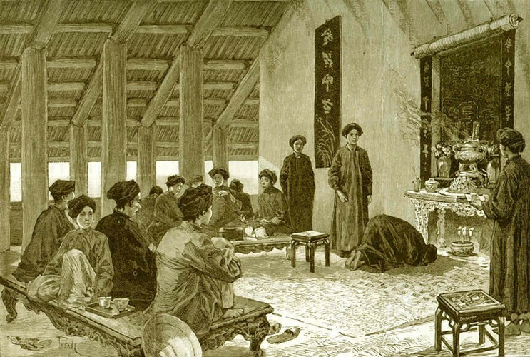 Cô dâu và chú rể thực hiện nghi lễ thành hôn trước bàn thờ gia tiên. Ảnh: Belle Indochine.
