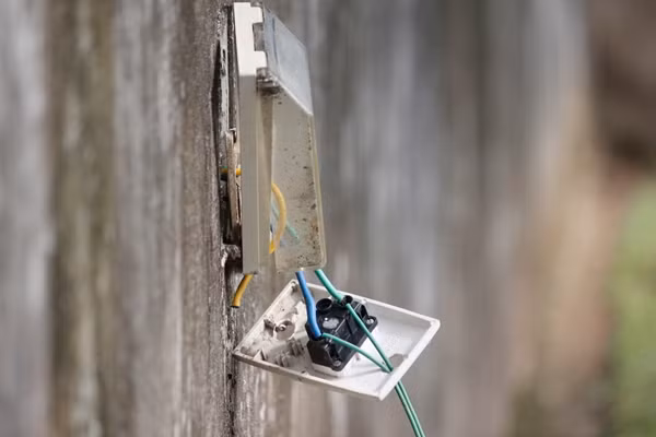 Một ổ điện bị làm cho hư hỏng, bung hẳn ra ngoài.