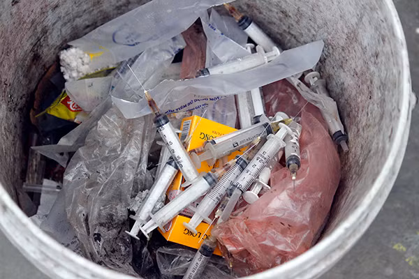 Nhiều kim tiêm dính máu được thu dọn vẫn còn mới.