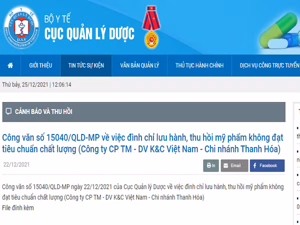 Dinh chi luu hanh, thu hoi nuoc rua phu khoa Daina kem chat luong