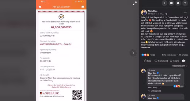 Sau khi tổ chức buổi stream quyên góp tiền hỗ trợ đồng bào miền Trung vào tối ngày 10/10, anh dành toàn bộ số tiền mình được donate trong một đêm là hơn 58 triệu đồng cùng tiền cá nhân cho mục đích từ thiện này.