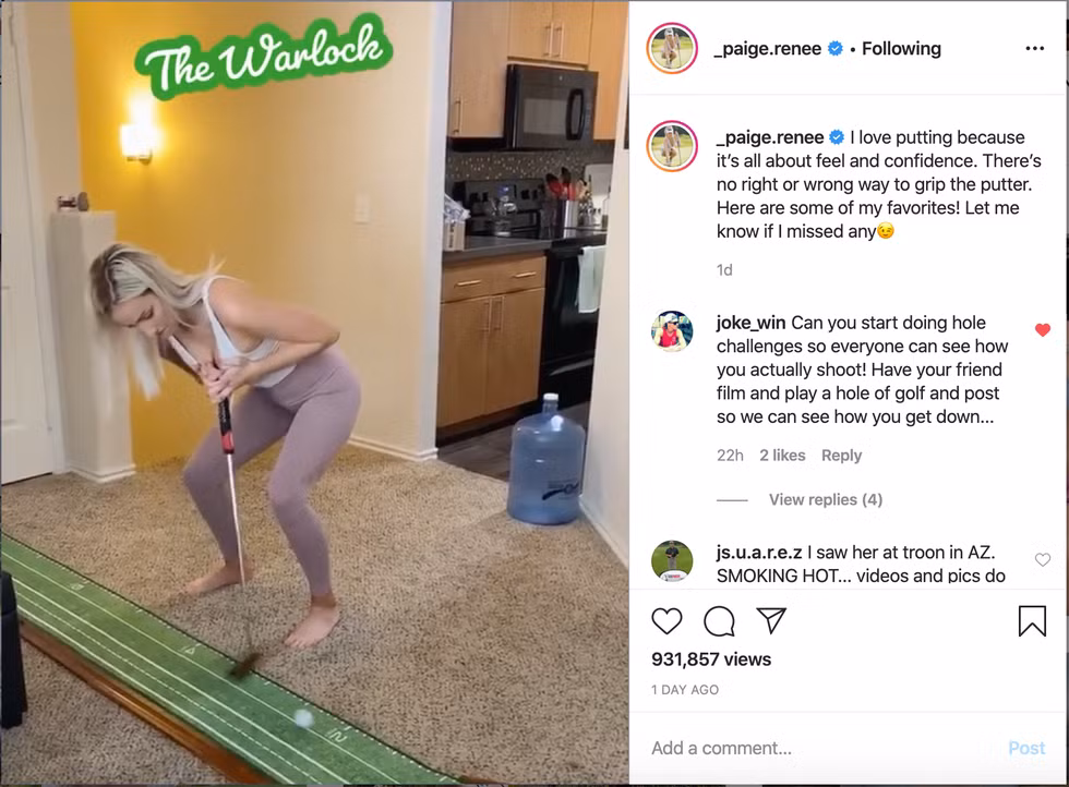 Thời điểm cách ly tại nhà do Covid-19, nữ golf thủ từng gây sốt với đoan clip dạy đánh golf bằng ngực. Spiranac thể hiện các kĩ năng đánh golf điêu luyện với pha dùng ngực thực hiện quả đánh bóng vào lỗ chính xác