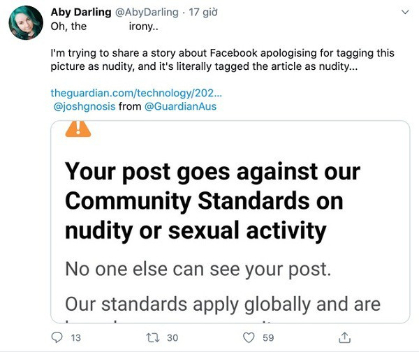 Câu chuyện về tấm ảnh bị "xóa nhầm" đã được chia sẻ trên The Guardian, tuy nhiên chính bài viết ấy cũng bị cấm dẫn lại trên Facebook vì lý do "ảnh khỏa thân".