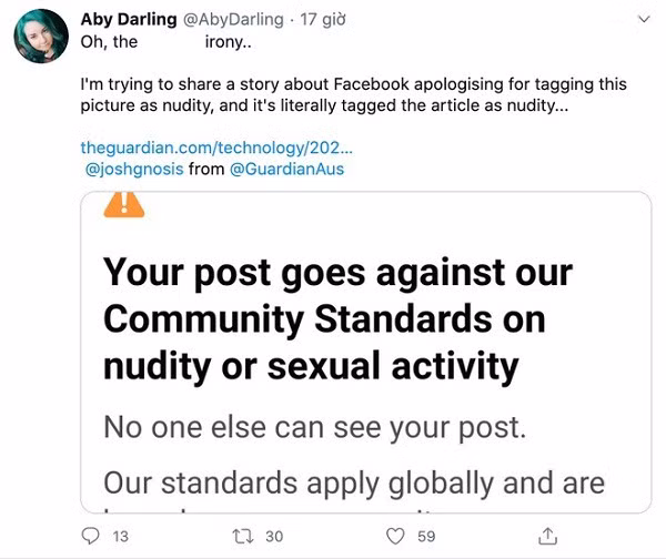 Câu chuyện về tấm ảnh bị "xóa nhầm" đã được chia sẻ trên The Guardian, tuy nhiên chính bài viết ấy cũng bị cấm dẫn lại trên Facebook vì lý do "ảnh khỏa thân".