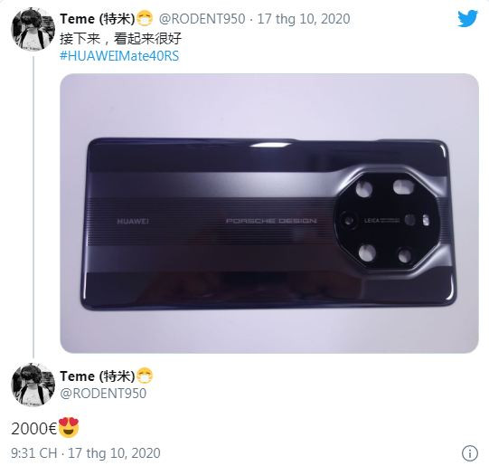 Cụ thể, một leaker có tiếng tại Trung Quốc đăng tải trên Twitter cá nhân hình ảnh cho thấy mặt lưng của Mate 40 RS Porsche Design với cụm camera sau hình bát giác nhiều ống kính và cảm biến