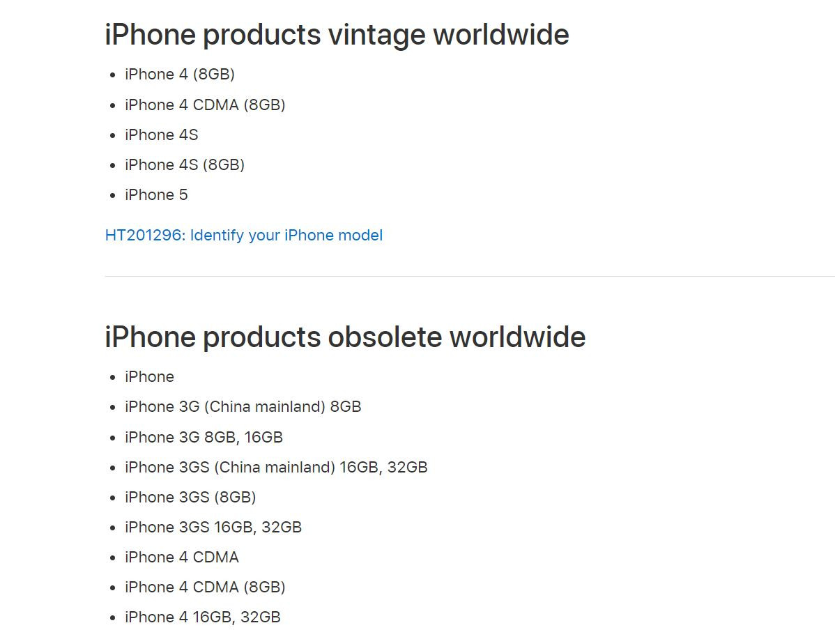 Từ năm 2018, nhà Táo bắt đầu cung cấp dịch vụ sửa chữa mở rộng đối với một số sản phẩm trong danh mục, ngừng tất cả dịch vụ phần cứng đối với sản phẩm lỗi thời.