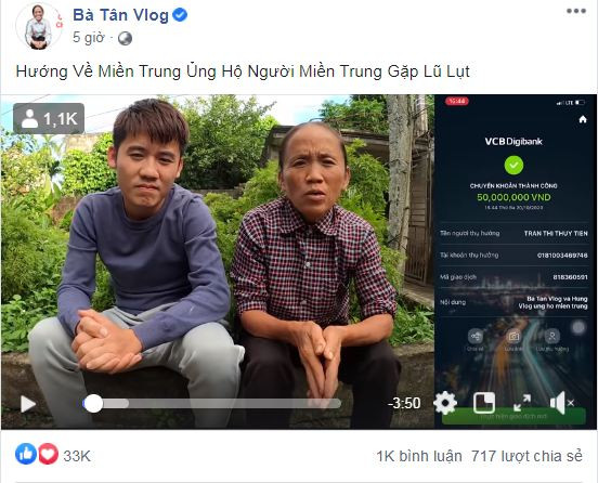 Bài viết của Bà Tân Vlog nhanh chóng nhận được sự quan tâm của cộng đồng mạng khi thu hút hơn 100 nghìn lượt tương tác và bình luận. Ngay sau đó, bà còn đăng tải hẳn một đoạn video ngắn nói về hành động quyên góp này.